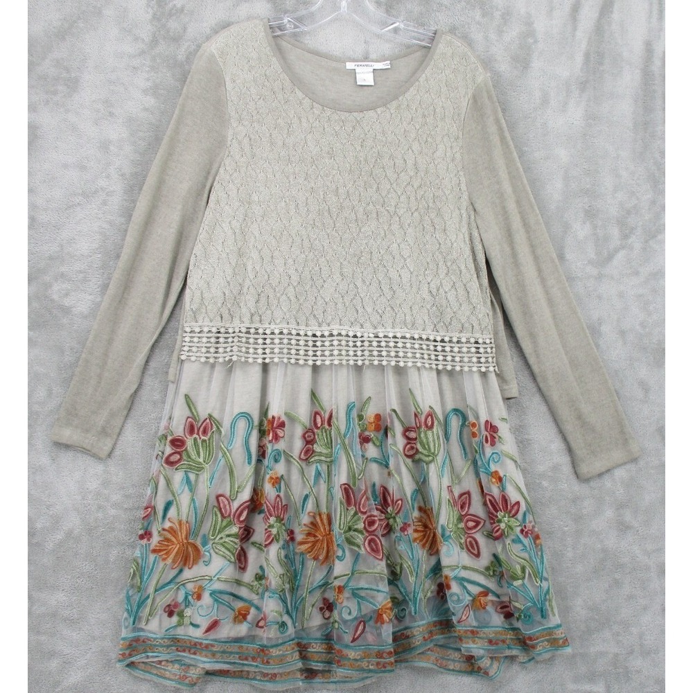 Feratelli Dress Womens Large Floral Embroidered Cottage Boho Relaxed‎ Knit Boxy